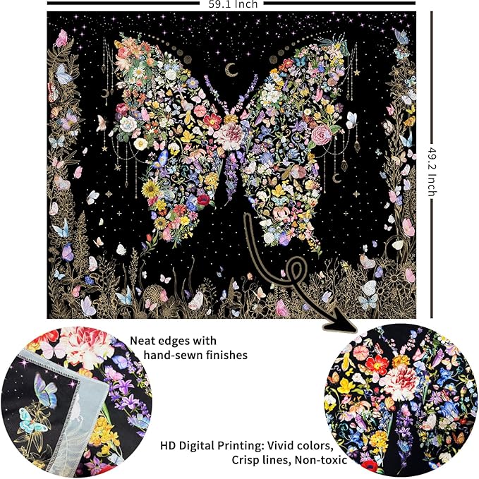 Damanse Butterfly Tapestry Wall Hanging Cute,Boho Wall Tapestry for Bedroom Aesthetic,Flower Living Room Decor for Teen Girls (Black, 49.20" x 59.10")-Ruum Studio Home