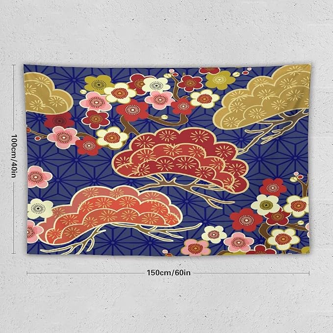 HZOHNAGO Japanese Tapestry Art Abstract Colorful Cherry Blossom Blue Background Pattern Printed Wall Tapestry Painting Wall Hanging for Bedroom Living Room Dorm 60" W x 40" H-Ruum Studio Home