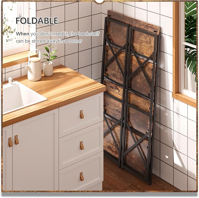 4NM 4 Tiers No Assembly Book Shelves, 41.3" H Folding Bookshelf Bookcase Open Industrial Foldable Shelves for Bedroom, Living Room, Home Office - Rustic Brown Black-Ruum Studio Home