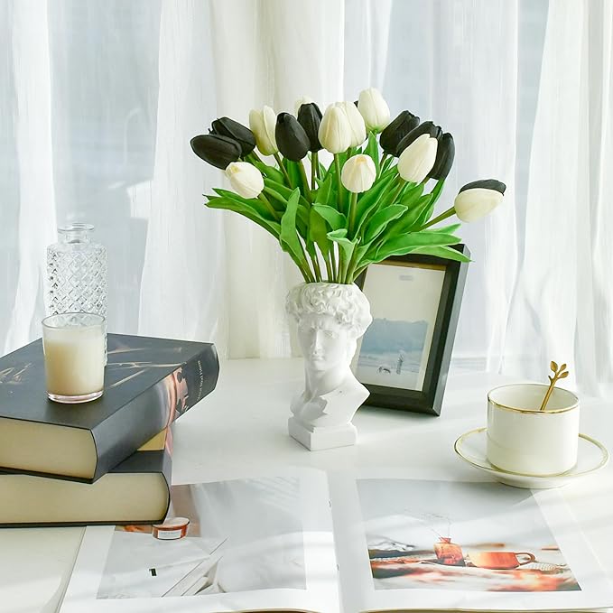 Mandy's Artificial Tulips 20 Stems Black and White PU Faux Flowers for Wedding Home Decor 13.5 Inch-Ruum Studio Home