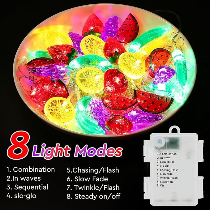 Couah [ 8 Modes & Timer ] 30 LED 16 Ft Summer Tropical String Lights Strawberry Grape Watermelon Lemon Banana Fairy Lights Battery Operated for Tropical Party Pool Beach Summer Decorations-Ruum Studio Home
