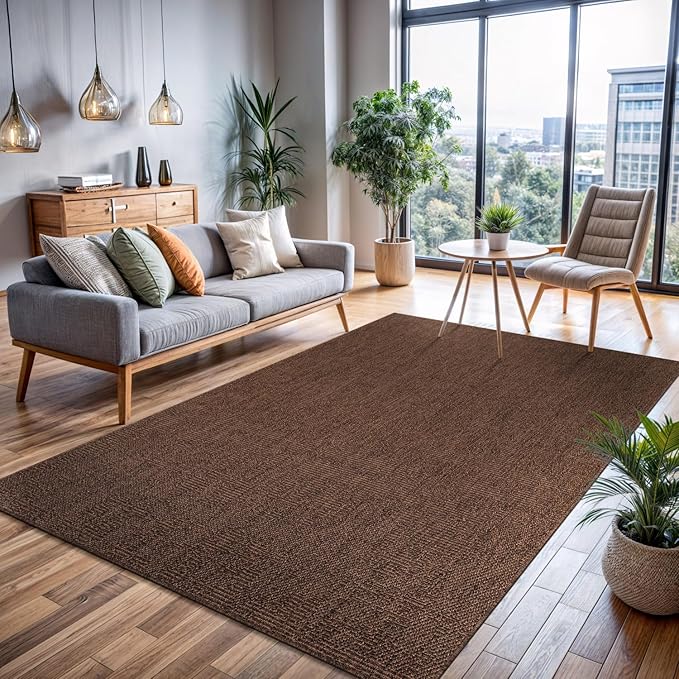 CAMILSON Easy Jute Rug 5x7, Indoor Outdoor Brown Color Fiber Area Rugs for Living Room Patio and Kitchen Rug, Solid Boho Woven Design, Easy-Cleaning, Washable Outside Carpet Alfombras (5 x 7)-Ruum Studio Home