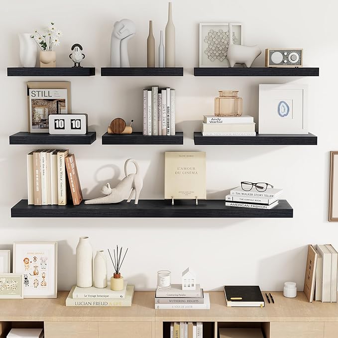 16 Inch Floating Shelves, 16"x9.25"x1.5" Inch Deep Floating Shelves for Wall, Wooden Shelves for Bathroom, Bedroom, Living Room, Black-Ruum Studio Home