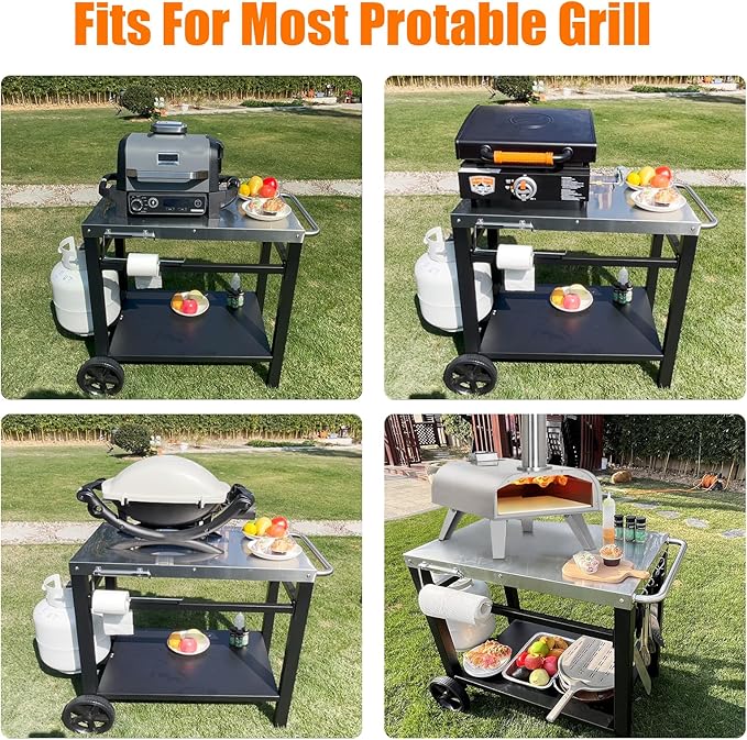 Outdoor Grill Table, Movable Dining Cart, Pizza Oven Table Stand, Double-Shelf Grill Stand, Food Prep and Work Cart with Wheels, Hooks, Fits for Blackstone Ninja-Ruum Studio Home