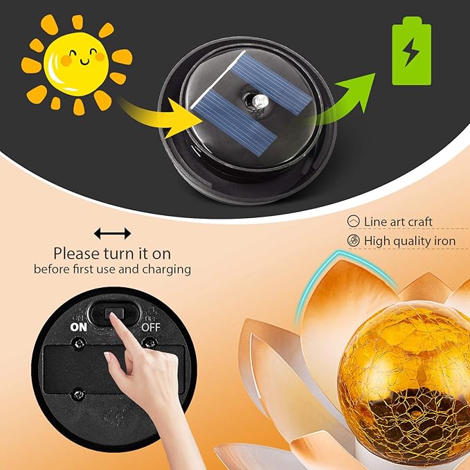Garden Solar Lights Outdoor(2Pack) , Amber Crackle Globe Glass Lotus Decoration , Waterproof Orange Metal LED Flower Lights for Patio,Lawn,Walkway,Tabletop,Ground, Garden Gifts for Women-Ruum Studio Home
