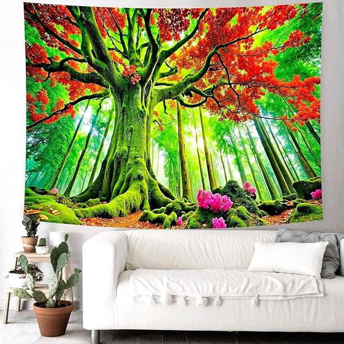 Delur Forest Tapestry Tree of Life Green Landscape Rainforest Wall Hanging Tapestry Colorful Mystical Nature Spiritual Psychedelic Headboard for Bedroom Living Room Home Decor (70.8" x 92.5")-Ruum Studio Home