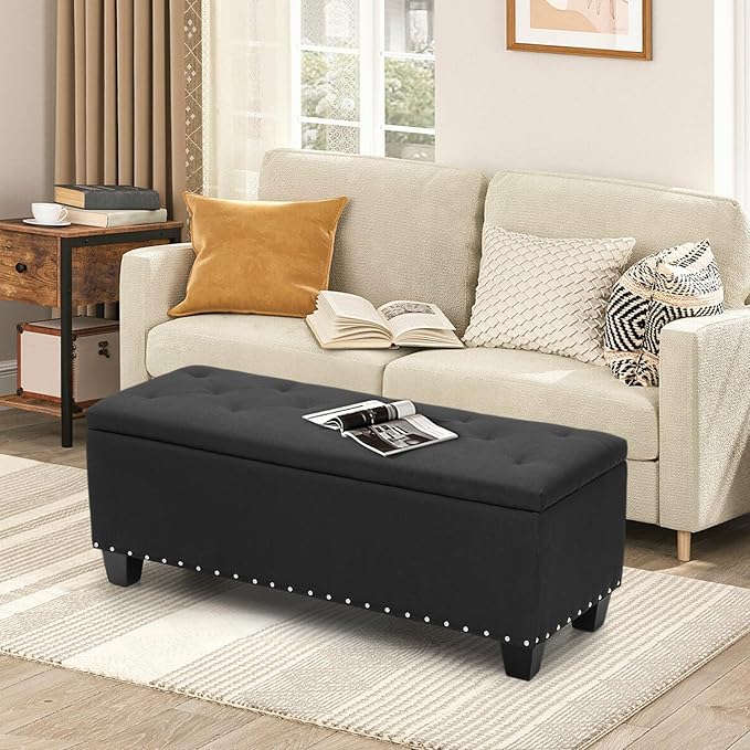 MoNiBloom 42 Inch Long Ottoman with Storage, Black Linen Foot Stool Upholstered Foam Padded Rectangular Fabric Tufted Bench Footrest for Living Room Bedroom Entry with 300 Lbs Capacity-Ruum Studio Home