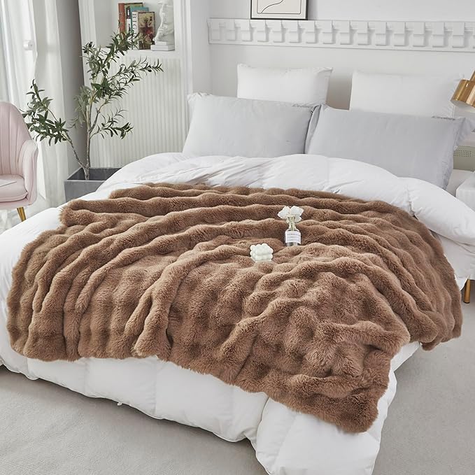 RYNGHIPY Faux Rabbit Fur Throw Blanket Ruched Plush Fuzzy Blanket for Couch Bed Sofa Heavy Warm Comfy Throws for Living Room Bedroom Machine Washable (Solid Brown, 51''x63'')-Ruum Studio Home