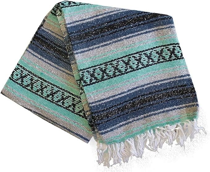 Del Mex Classic Mexican Blanket, Large Authentic Woven Falsa Throw (70"x50"), Artisan Southwest Décor for Beach, Yoga, Outdoors (Navy/Mint)-Ruum Studio Home