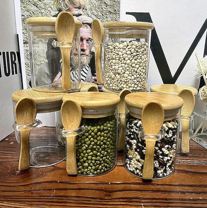 7.6 oz Airtight Mini Glass Jars with Bamboo Lids and Bamboo Spoons, Spice Jars Small Food Storage Containers for Kitchen, Bathroom, Home Decor Set of 8-Ruum Studio Home