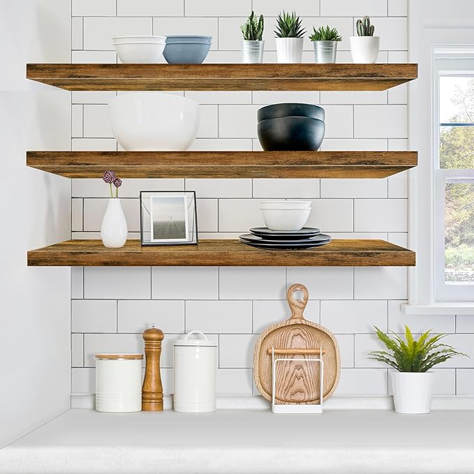Sorbus Floating Shelves for Wall - 48 Inch Long Bathroom Shelves, Wall Decor for Bedroom, Kitchen, Living Room & Book Storage - Mounted Floating Shelf with Invisible Brackets (Rustic Brown, 3 Pack)-Ruum Studio Home
