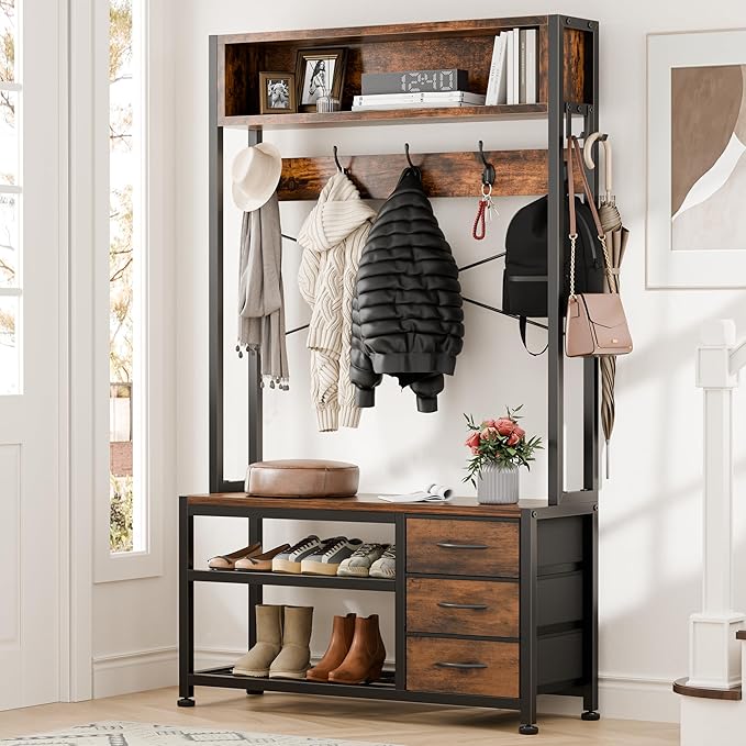 Lulive Hall Tree with Bench and Shoe Storage, 31.5" Coat Rack Freestanding with 2-Tier Storage Shelf, 6-in-1 Entryway Bench Coat Rack with 12 Hooks and 3 Drawers(Rustic Brown)-Ruum Studio Home