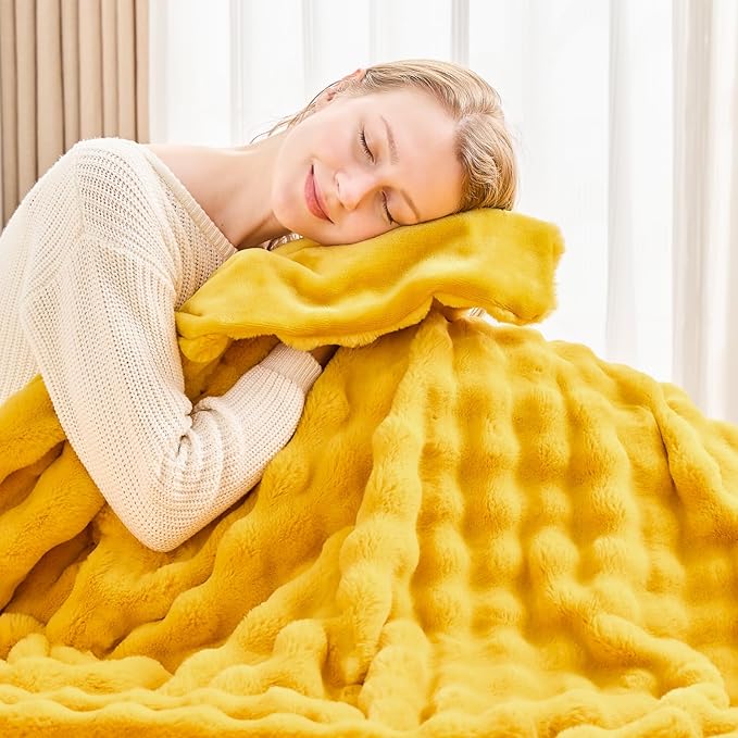 NEWCOSPLAY Faux Fur Throw Blanket Mustard Yellow Bubble Blanket Thick Warm Soft for Couch Sofa Bed 550GSM (Mustard Yellow, Throw(50"x60"))-Ruum Studio Home