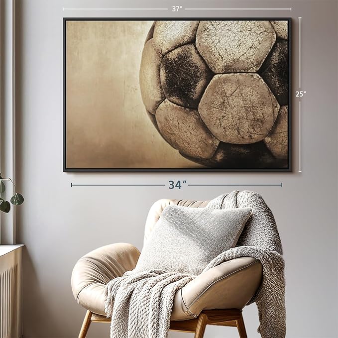 Elephant Stock Worn Soccer Ball Wall Art - Horizontal Framed Canvas - 1-Piece Living Room Wall Decor - Photography sports Canvas Print - Brown and Gray Decor for Wall - 37" X 25"-Ruum Studio Home