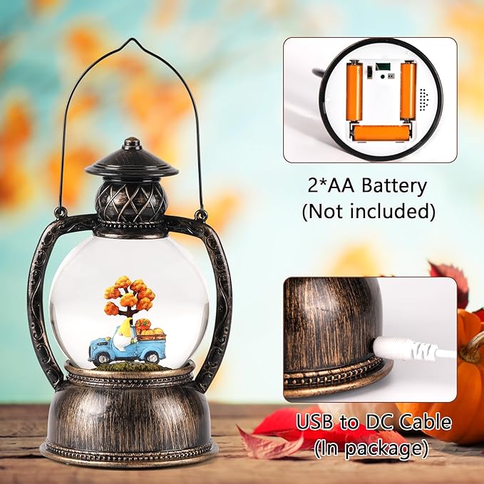 Fall Snow Globes, Blue Truck Pumpkin and Gnome Scene Snow Globes, Glittering Lantern with Timer, Snow Globe Lantern USB or Battery Powered for Fall Festival Thanksgiving Day Decor-Ruum Studio Home