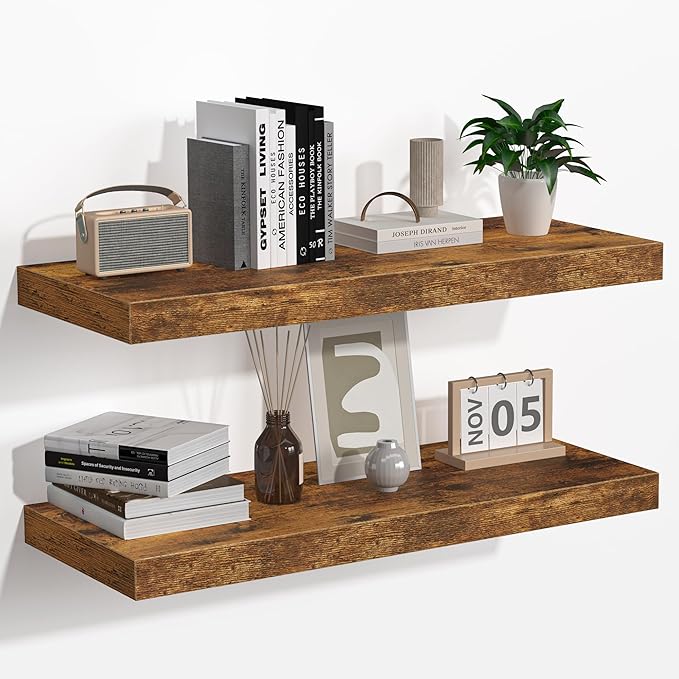 Floating Shelves - 2 Pack 9 Inch Rustic Wooden Wall Shelves - Extra Deeper & Thicker Wall Mounted Storage Shelf for Living Room, Kitchen, Farmhouse - 24" W x 9" D x 1.6" H - Rustic Brown-Ruum Studio Home