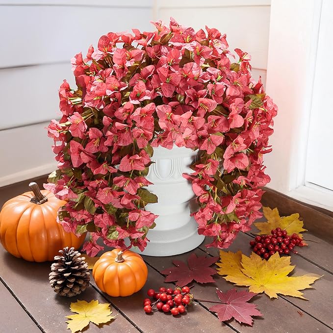 Bougainvillea Artificial Flowers Plants for Outdoors Outside Fall Autumn Decoration, 2 pcs Faux Silk Long Trailing Vines UV Resistant Look Real Red Fake Flowers for Front Door Porch Planter Urn Patio-Ruum Studio Home