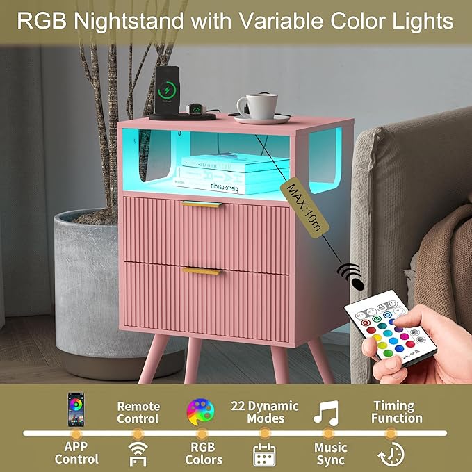 Pink Nightstand with Charging Station and LED Lights,Modern Bedside Table with 2 Storage Drawer and Open Wood Shelf, for Bedroom and Small Spaces,Night Stand with Solid Wood Legs,Pink-Ruum Studio Home