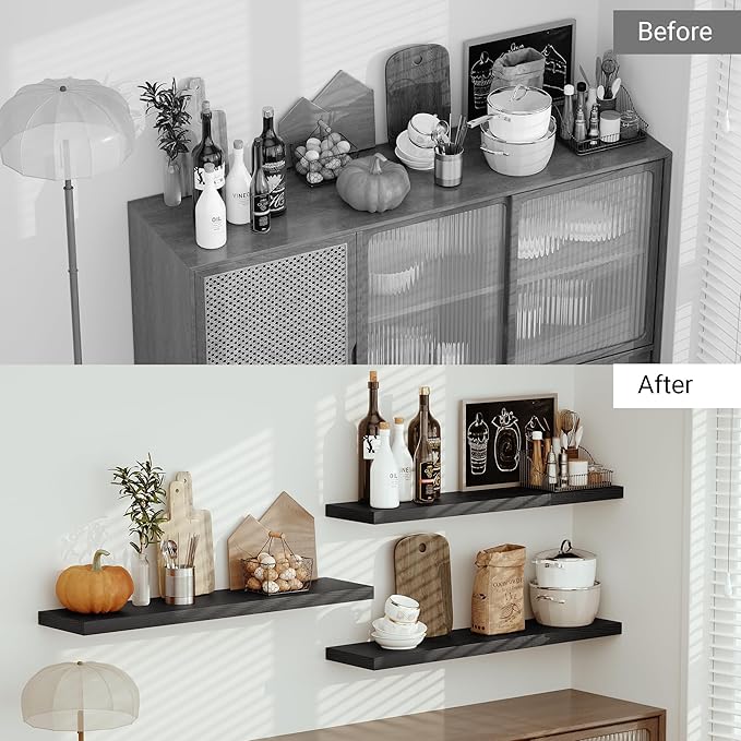 Single Floating Shelves 48 Inches, 48 x 10 inch Deep x 1.8 in Thick, Long Wall Shelves Heavy Duty 80 lbs for Bedroom, Living Room, Kitchen, Office, Modern Shelf Book Home Decor, Black-Ruum Studio Home