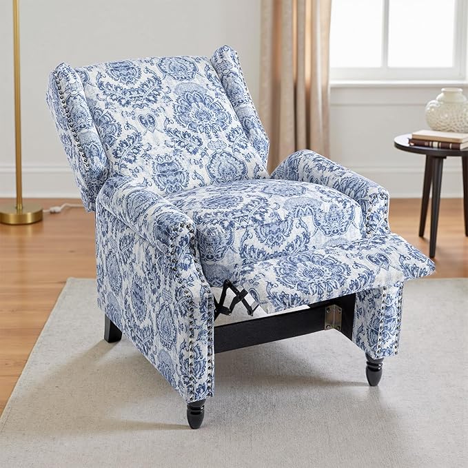 UIXE Floral Pushback Recliner Chair, Fabric Upholstered Armchair Push Back Accent Chair for Living Room, Rivet Trim Club Chair Home Theater Single Sofa Reading Seat - Navy Blue-Ruum Studio Home