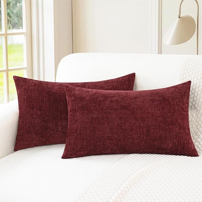 CaliTime Throw Pillow Covers Decorative 12 X 20 Inches Pack of 2 Cozy Chenille Cushion Cases for Couch Sofa Bed Living Room Home Burgundy-Ruum Studio Home