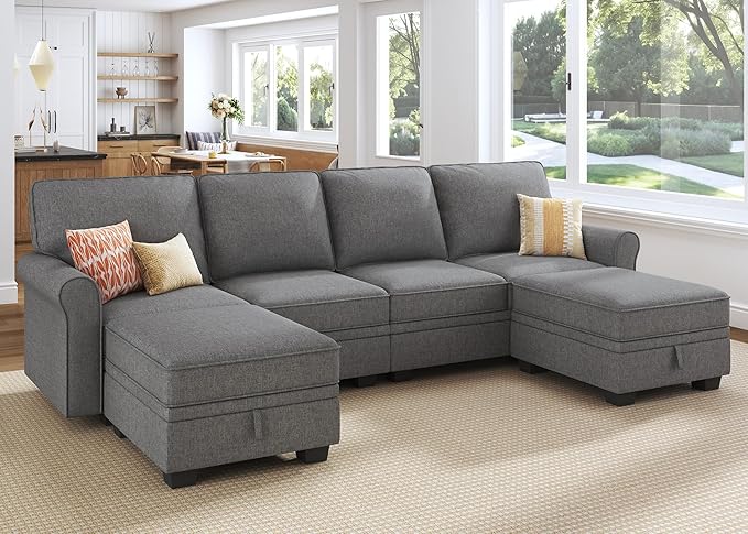 HONBAY Convertible Sectional Sofa with Storage U Shaped Sectional Couch with Reversible Chaise Small Sectional Couches for Living Room,Grey-Ruum Studio Home