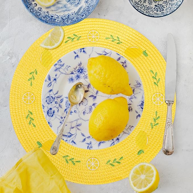 Whaline 4Pcs Round Placemats Lemon Embroidered Place Mats Summer Lemon Greenery Leaves Dinner Table Mats for Home Wedding Baby Shower Birthday Party Decor-Ruum Studio Home
