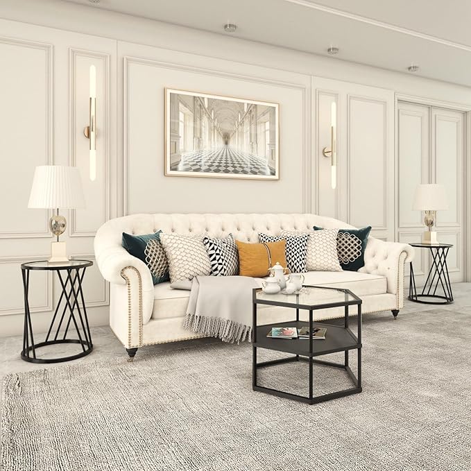 Round Side Table, Modern End Tables for Living Room Office Small Spaces, Glass Black End Table with Metal Frames, Nightstand for Bedroom, Bedside Furniture, Easy Assembly-Ruum Studio Home