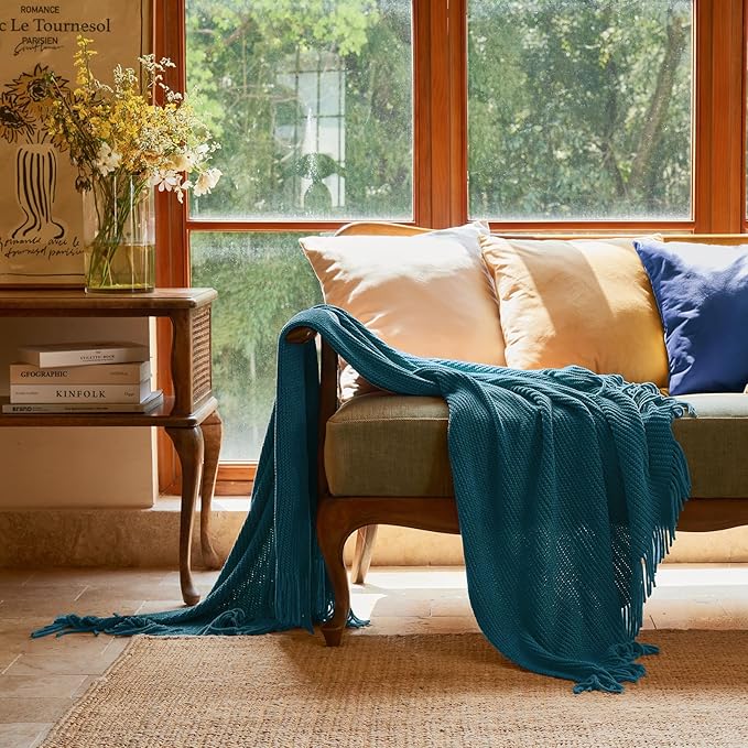 lifein Throw Blanket for Couch, Soft Boho Decor Bed Throw,Cozy Teal Knitted Chenille Small Farmhouse Lightweight Throw for Spring(Teal,50 * 60")-Ruum Studio Home
