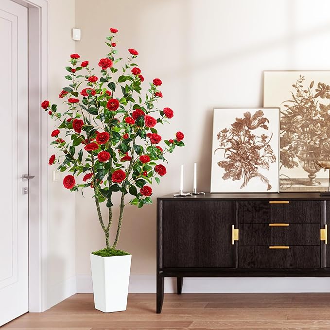 Artificial Camellia Tree 6FT Faux Trees Indoor Fake Floral Plant Blooming Tree with Red Flowers & White Tall Planter, Faux Camellia Plants for Porch Home Room Bedroom Office Front Door Outdoor Decor-Ruum Studio Home