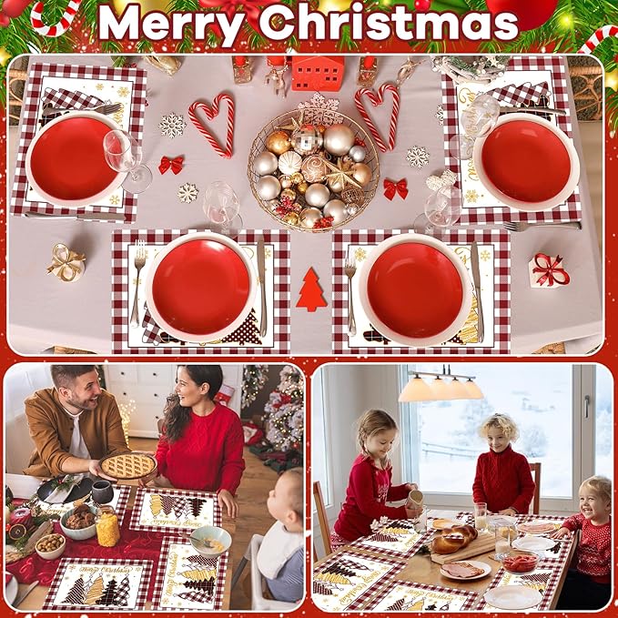 Winter Christmas Placemats Set of 6 Merry Christmas Watercolor Buffalo Plaid Plastic Table Mats Red Gold Xmas Trees Place Mat Holiday Table Decoration for Indoor Outdoor Party Kitchen Dining-Ruum Studio Home