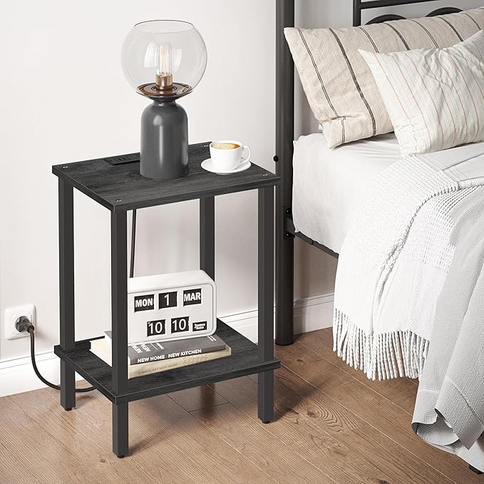TUTOTAK End Table with Charging Station, Small Side Table with Outlets, Nightstand Bedside Table, 2-Tier Storage Shelf for Small Space, Living Room, Bedroom, Charcoal Grey TB01BY040-Ruum Studio Home