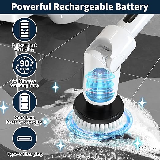 Electric Spin Scrubber - Cordless Cleaning Brush with Digital Display, 2 Speeds, 8 Brush Heads, IPX7 Waterproof, Adjustable Long Handle for Bathroom, Tub, Tile, Shower, and Car-Ruum Studio Home