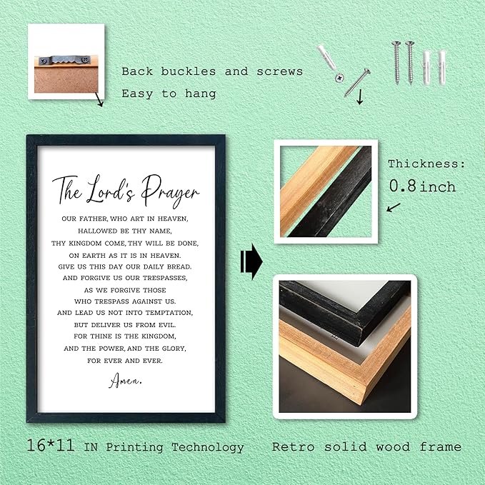 LuZhiQiang The Lords Prayer Wall Decor 16"×11" Our Father Prayer Bible Verse Sign Wood Framed Wall Hanging Art (Black)-Ruum Studio Home