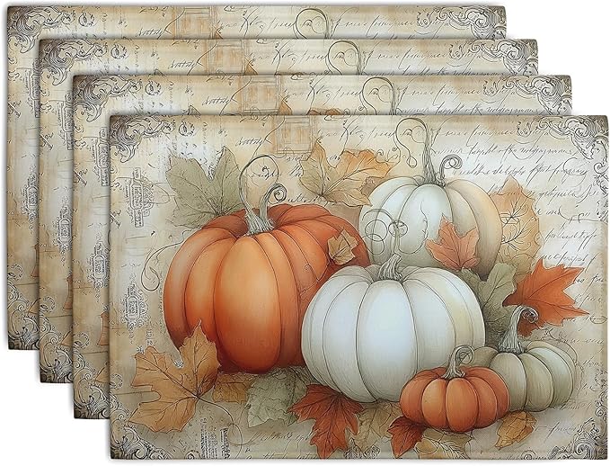 Fall Pumpkin Placemats Set of 4 Vintage Autumn Maple Leaf Seasonal Place Mats 12x18 Inch Thanksgiving Farmhouse Linen Fabric Table Mats for Party Kitchen Dining Outdoor Indoor Decor-Ruum Studio Home