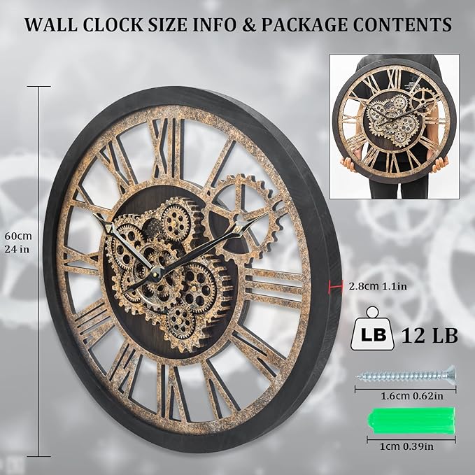 HOIBAI Large Wall Clock, 24 Inch Wall Clocks for Living Room Decor Farmhouse Vintage Rustic Kitchen Wall Decor Vintage Roman Big Oversized Wall Clock for Home Bedroom House Office, Moving Gears Clock-Ruum Studio Home