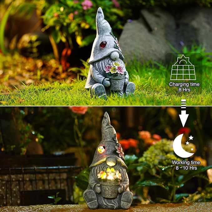 Goodeco Sitting Gnome Holding Flower Statue - Solar Garden Gnomes Decor for Outside with LED Lights, for Women or Moms, Housewarming Gnome Decorations-Ruum Studio Home