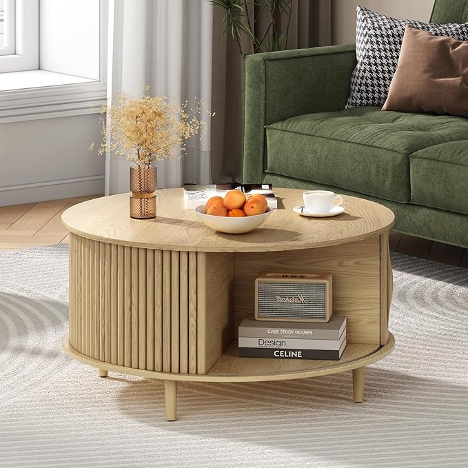 Round Coffee Table with Storage,Mid Century Modern Dining Table with Sliding Cabinet Door for Living Room,Home Small Space,31.5" Small Center Table,Oak-Ruum Studio Home