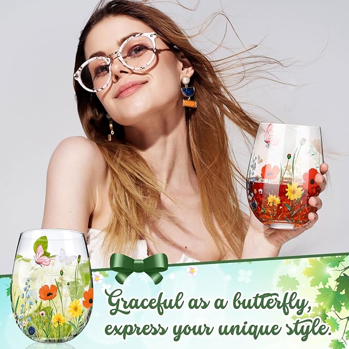 Sliner 2 Pack 17oz Wildflower Stemless Wine Glasses Floral Butterfly Drinking Glasses Spring Flowers Tumbler Cups for Graduation Wedding Mother's Day Birthday Drinking Party Favors-Ruum Studio Home