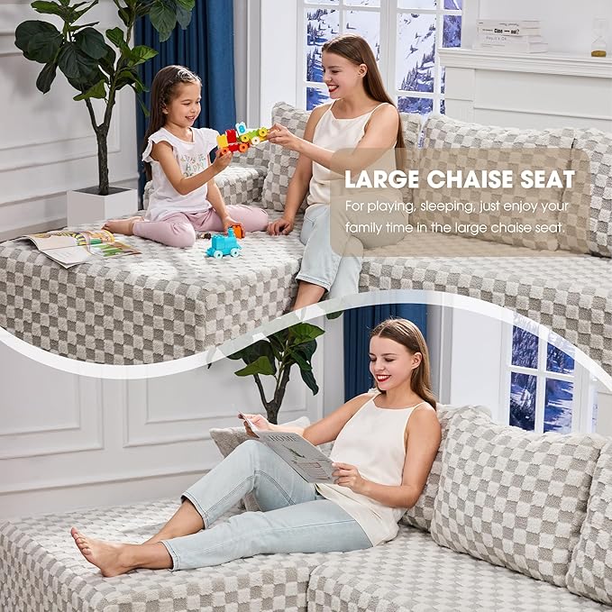 Hobestluk 96“ Modular Sectional Sofa Couches L-Shape Couch 3 Seat Modular Sofa Sectional Couches for Living Room, Cloud Couch with Oversized Chaise (Greygreen, Checked (Left Facing Chaise))-Ruum Studio Home