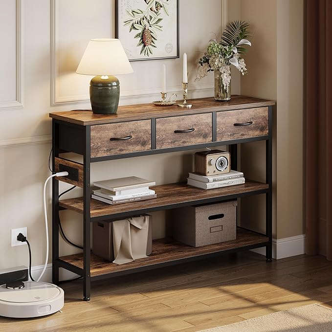 Lulive Entryway Table with Power Outlets, Console Table with 3 Fabric Drawers, Sofa Table for Living Room, Hallway, Couch, Foyer, Height Adjustable (Rustic Brown, 43")-Ruum Studio Home