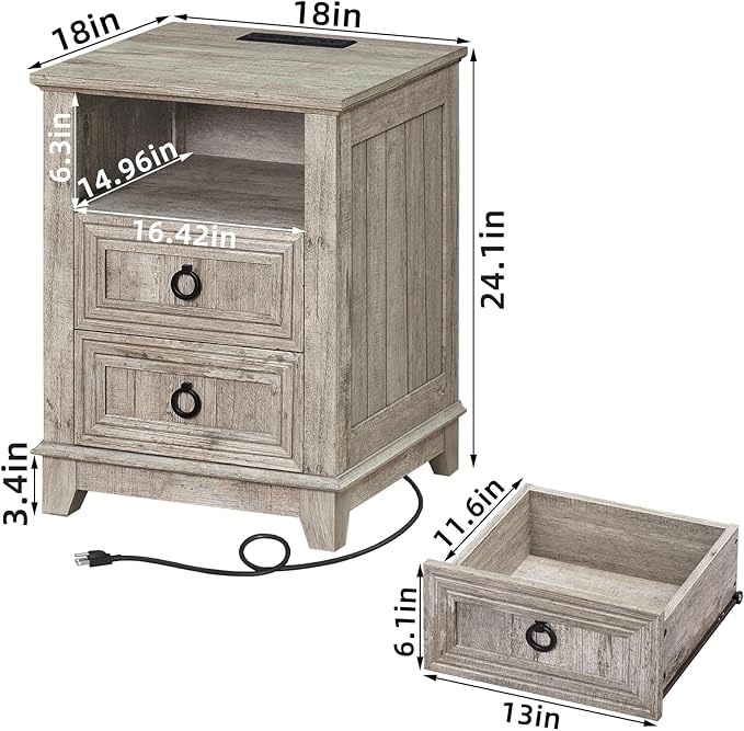 18" Farmhouse Night Stand with Charging Station, 2 Drawers End Table Dresser for Bedroom, Oak Wooden Nightstand, Bed Side Table with Open Shelf, Bedside Cabinet for Living Room, Closet-Ruum Studio Home