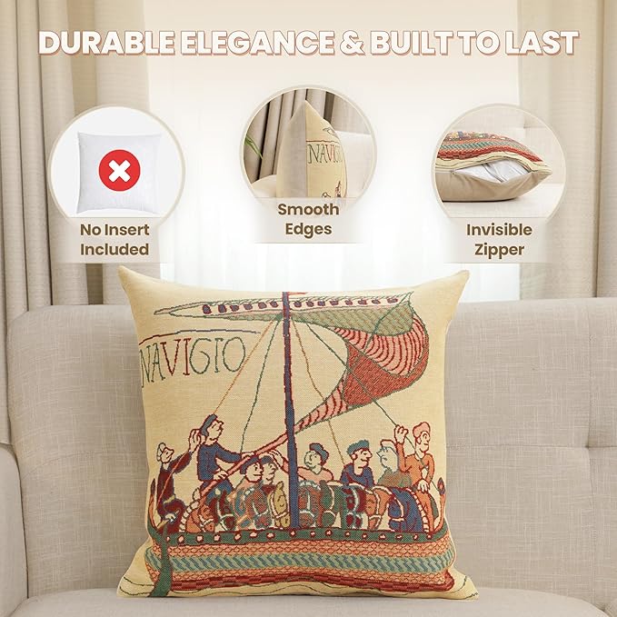 Charlotte Home Furnishings Bayeux Navigo Throw Pillow Cover 16" x 16" – Medieval Ship Decorative Tapestry Cushion Case for Sofa, Couch, & Bed | Cotton Jacquard Woven in Europe | Insert Not Included-Ruum Studio Home