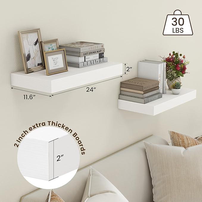 Deep Floating Shelves, 24''W x 12''D Floating Shelves White Set of 2, 12 Inch Deep Large Wood Shelves for Books Living Room Bathroom Laundry Room Bedroom Kitchen Home Office - White-Ruum Studio Home