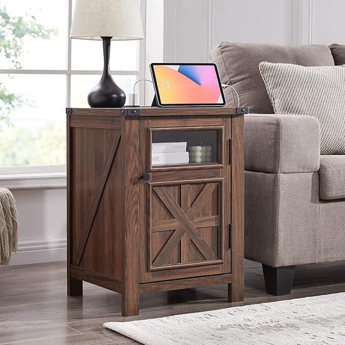 JXQTLINGMU Farmhouse End Table with Charging Station, 18'' Rustic Nightstand with Barn Door & Adjustable Shelf, Wooden Sofa Side Table with 3-Tier Storage for Living Room, Bedroom, Brown-Ruum Studio Home