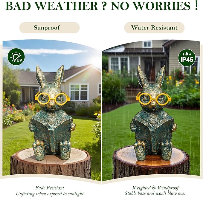 Solar Garden Decor, Adorable Rabbit Statue with Solar-Powered Glasses, Outdoor Decoration Lights for Patio, Yard & Balcony, for Kids, Mom & Grandma-Ruum Studio Home