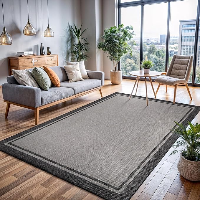 CAMILSON Indoor Outdoor Rug, 5x7 Bordered Gray Modern Area Rugs for Indoor and Outdoor Patios, Kitchen and Hallway Mats, Washable Porch Deck Outside Carpet (Bordered Grey, 5 x 7)-Ruum Studio Home