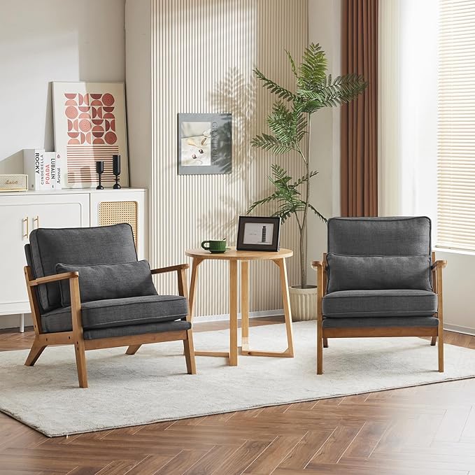 Karl home Accent Chair Wide Armrest Mid-Century Lounge Chair Linen Fabric Armchair with Lumbar Pillow & Solid Wood Frame for Living Room, Bedroom, Balcony, Gray-Ruum Studio Home