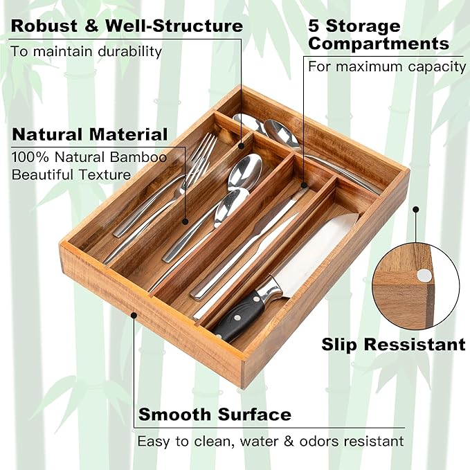 Silverware Organizer Kitchen Drawer Organizer Utensil Organizer Acacia Silverware Holder Cutlery Organizer in Drawer Flatware Organizer Tray(5 slots, Acacia-Ruum Studio Home