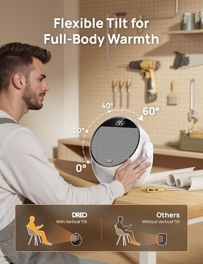 Dreo Space Heater 1500W, 60° Adjustable Tilt, 10.5ft/s Portable Electric Heaters for Indoor Use with Thermostat, 8 Safety Protections, 3 Modes, Remote, Quiet Desk Heater for Bedroom, Office, White-Ruum Studio Home
